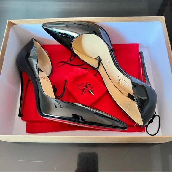 💯 Authentic CHRISTIAN LOUBOUTIN Iriza Patent Open-Side Red Sole Pump Black - Picture 4 of 10